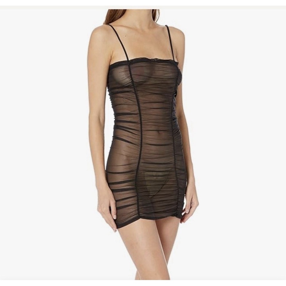Savage X Fenty Mesh Mini Dress Womens Medium Sheer Ruched Black Bodycon Sexy